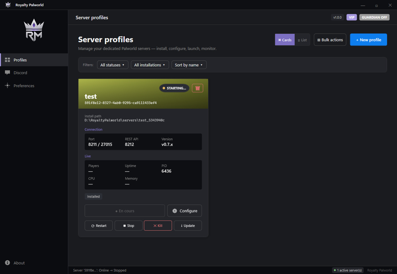 Royalty Manager — server profiles dashboard